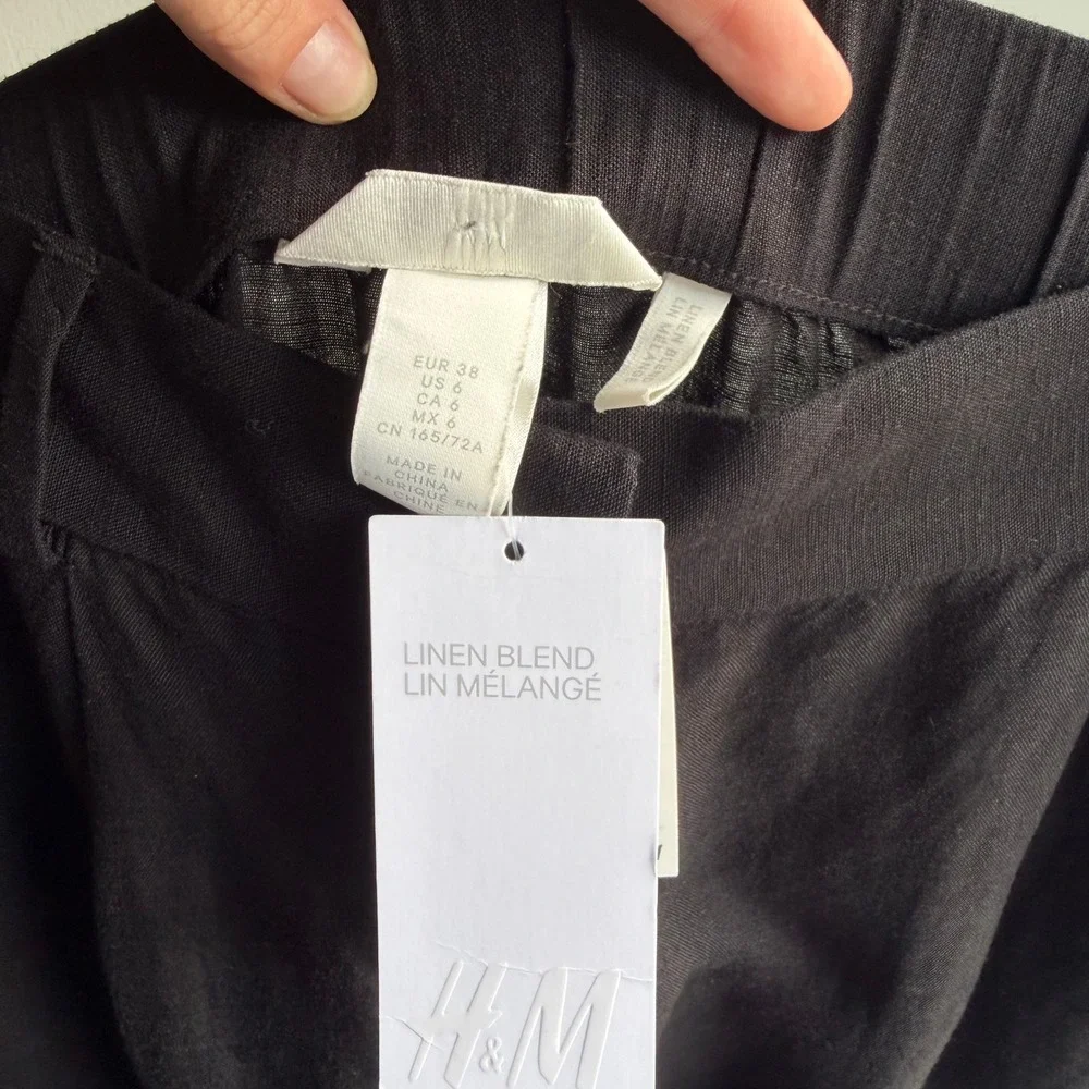 H&M Black Wide Leg Linen Blend Trousers High Waist Elastic Back Pants Size 6 NWT
